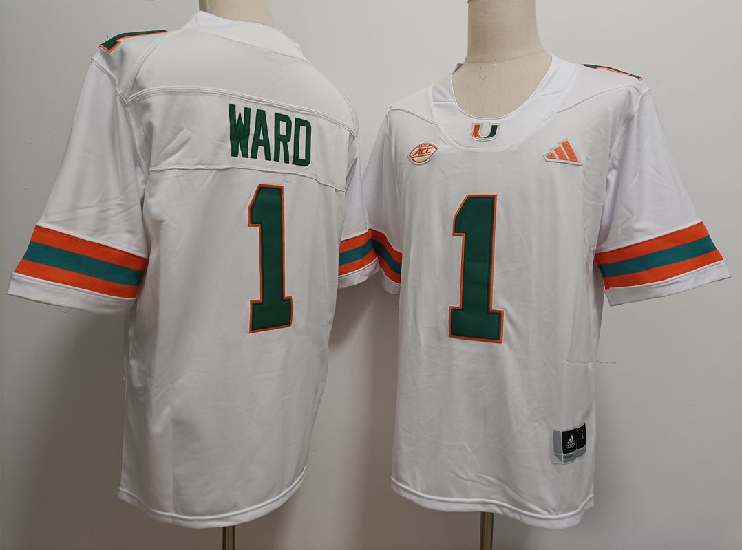 Men Miami Hurricanes 1 Ward White 2025 NCAA Jersey